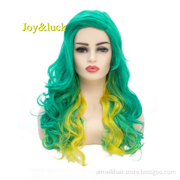 Long Natural Wavy Synthetic Wigs for Women Green Mixed Yellow Color Body Wave Cosplay Wigs Costume Hair Style